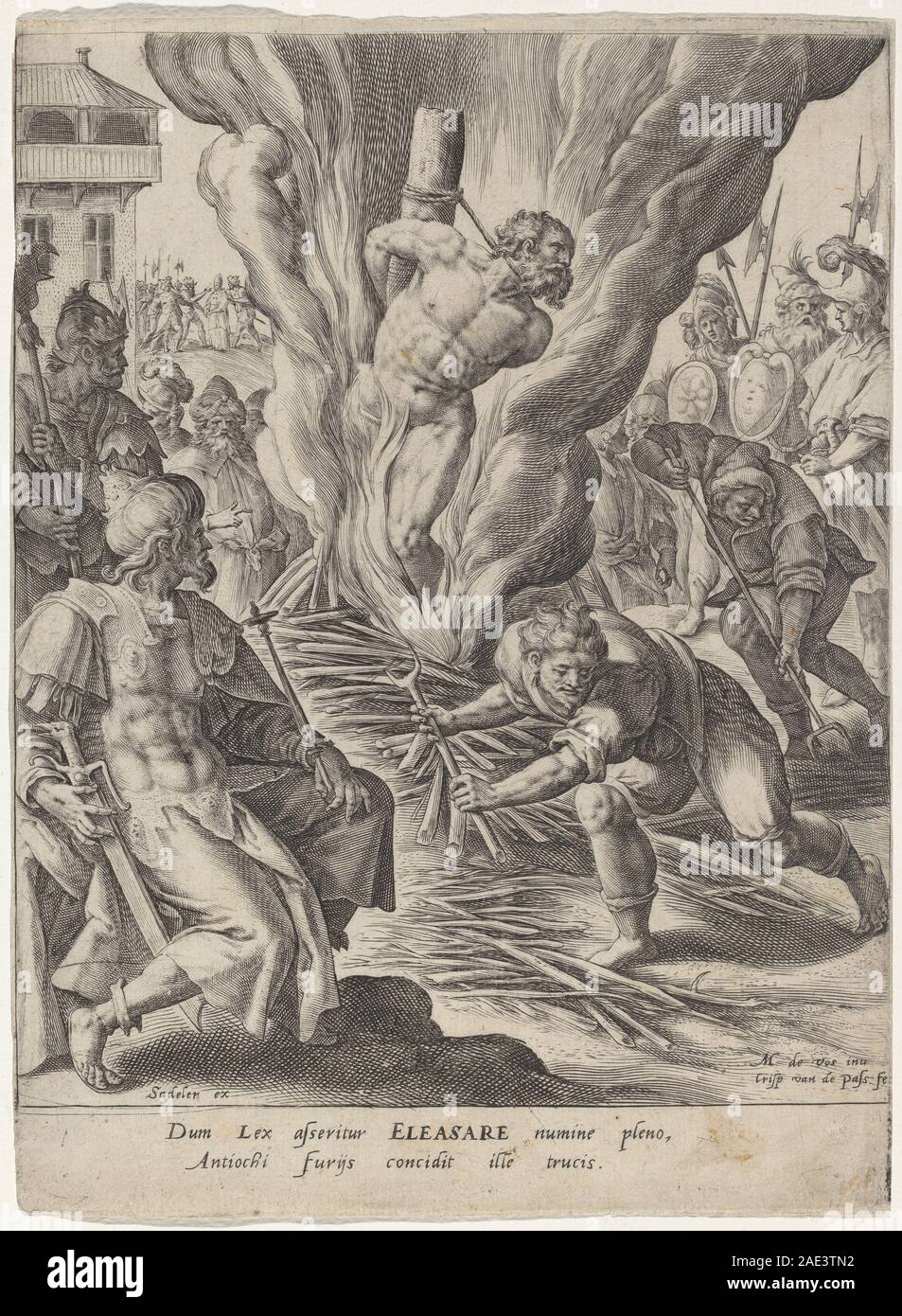 Eleazar Burned by Antiochus; 1591date Crispijn van de Passe I after Maarten de Vos, Eleazar Burned by Antiochus, 1591 Stock Photo