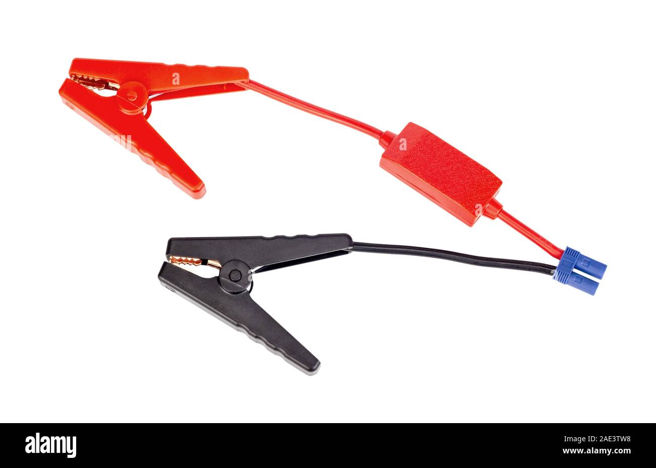 Red and black car battery jumper cable for charger or booster isolated on white background. Stock Photo