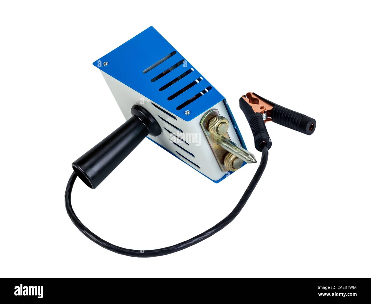 Analog car battery tester, power test load fork, isolated on a white background. Stock Photo