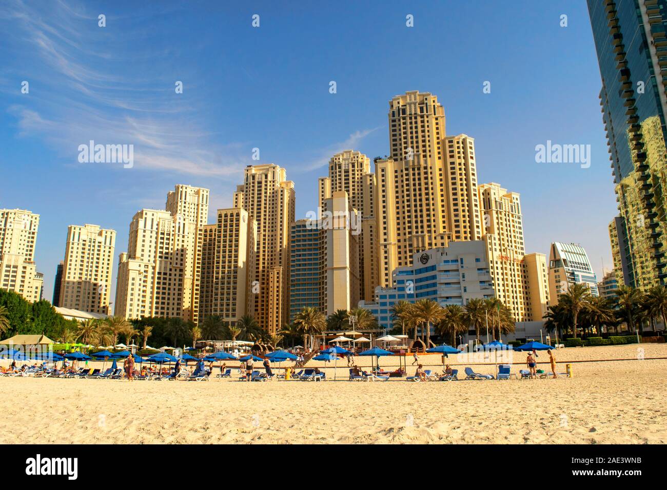 Dubai / UAE - November 7, 2019: JBR. Beautiful view of Jumeirah Beach Residence skyscrapers. Urban beach in Middle East. Stock Photo
