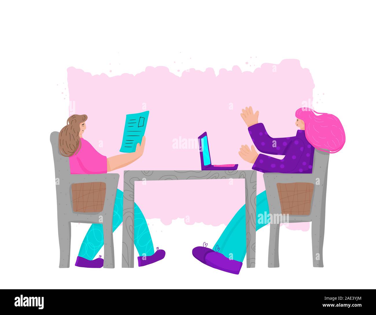 Interview concept. Female persons sitting in the chair and talking about stratagy. Attractive  women having a couch session. Mentor and student. Vecto Stock Vector