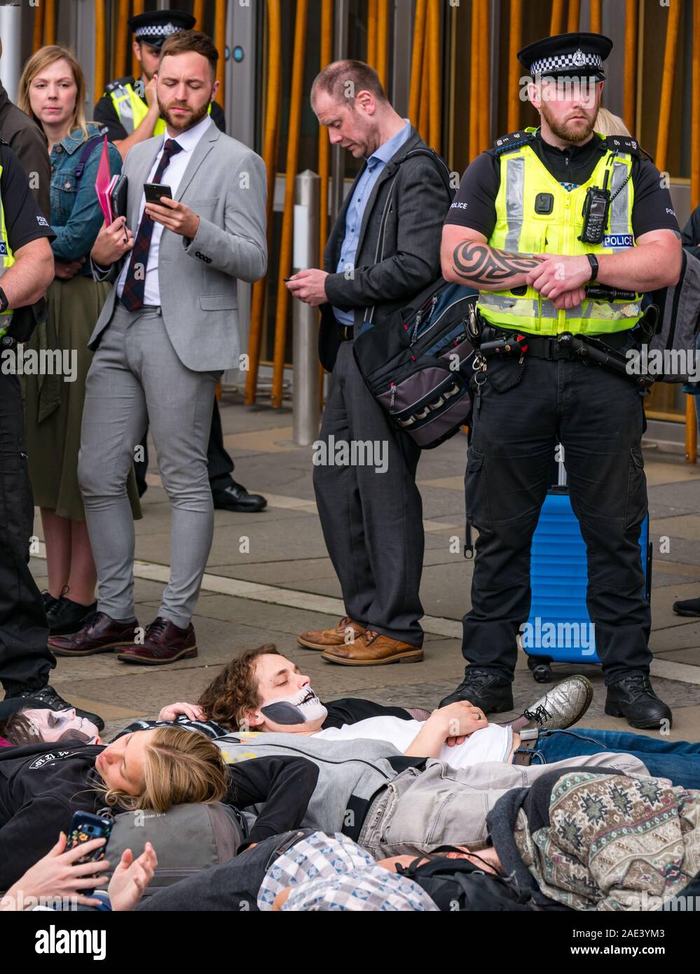 Extinction Rebellion climate change protest die-in at Scottish Parliament, Holyrood, Edinburgh, Scotland, UK Stock Photo