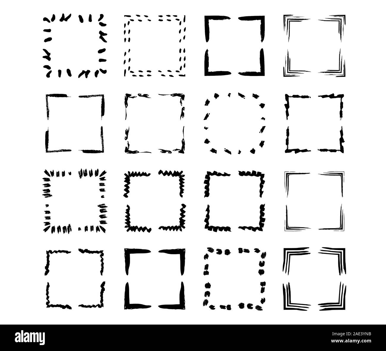 Set of grunge black frames. Borders collections. Collages elements on white background Stock