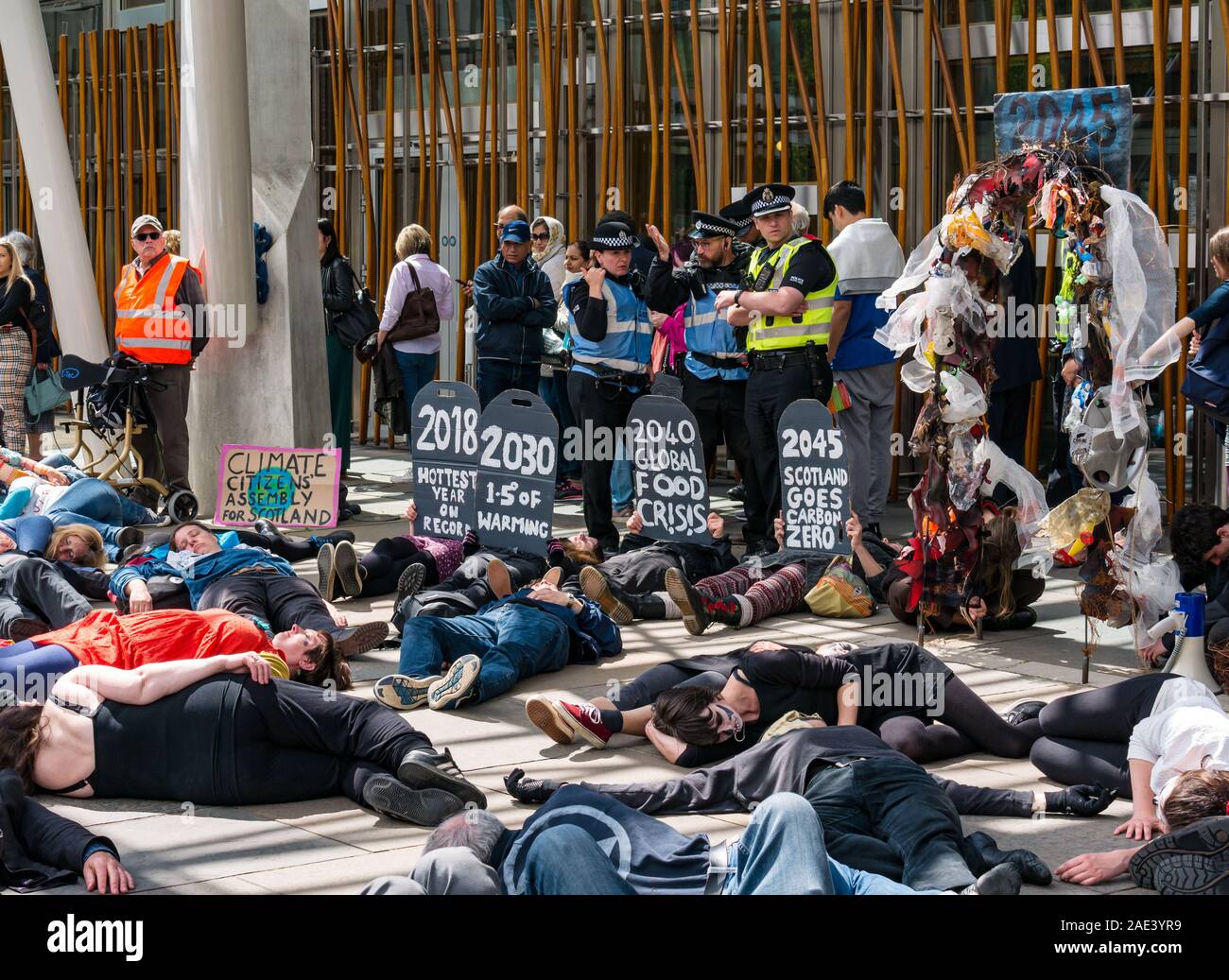 Extinction Rebellion climate change protest die-in at Scottish Parliament, Holyrood, Edinburgh, Scotland, UK Stock Photo