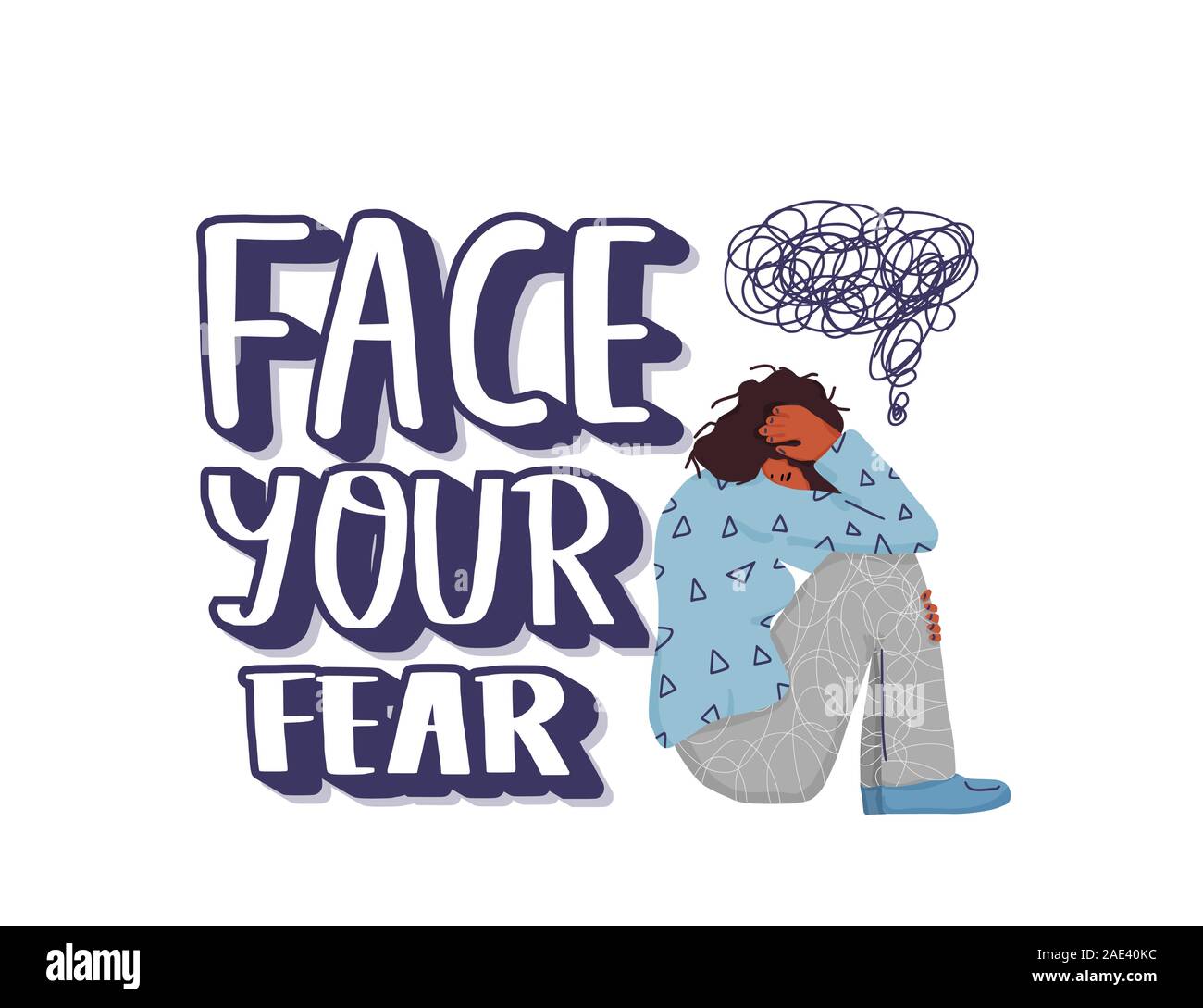 Face your fear slogan. Psychological problems concept. Young woman sitting on the floor with phobia and hand drawn text solated on white background. V Stock Vector