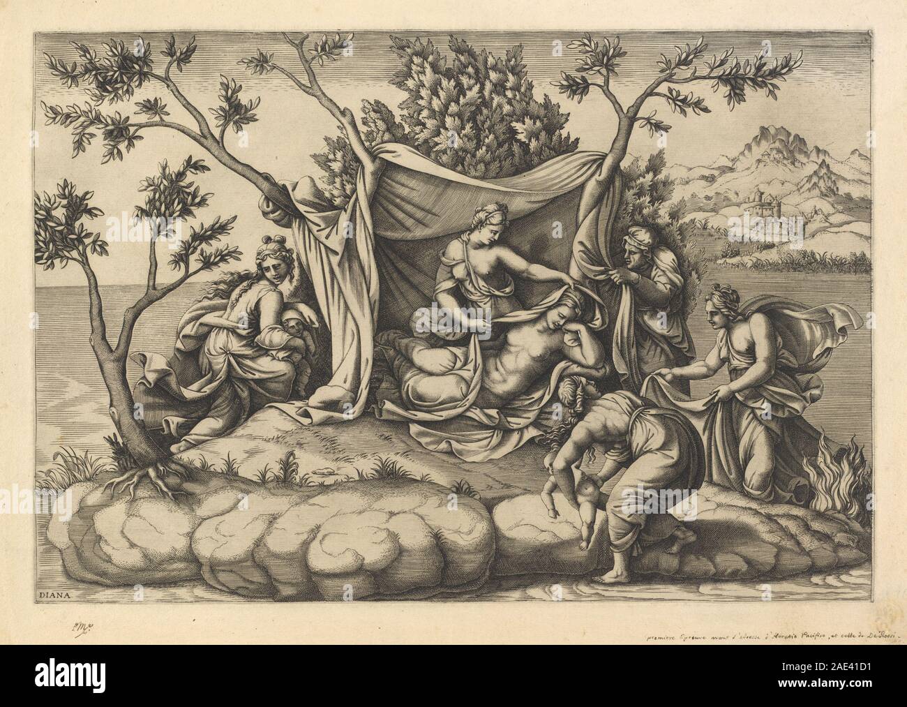 Latona Giving Birth to Apollo and Diana on the Island of Delos Diana Scultori after Giulio Romano, Latona Giving Birth to Apollo and Diana on the Island of Delos Stock Photo