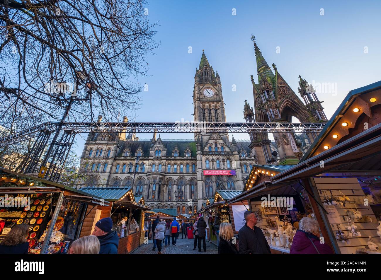 Manchester, United Kingdom - November 29, 2019: Christmas Markets in Albert Square near the Town Hall of Manchester in the nortwest of England Stock Photo