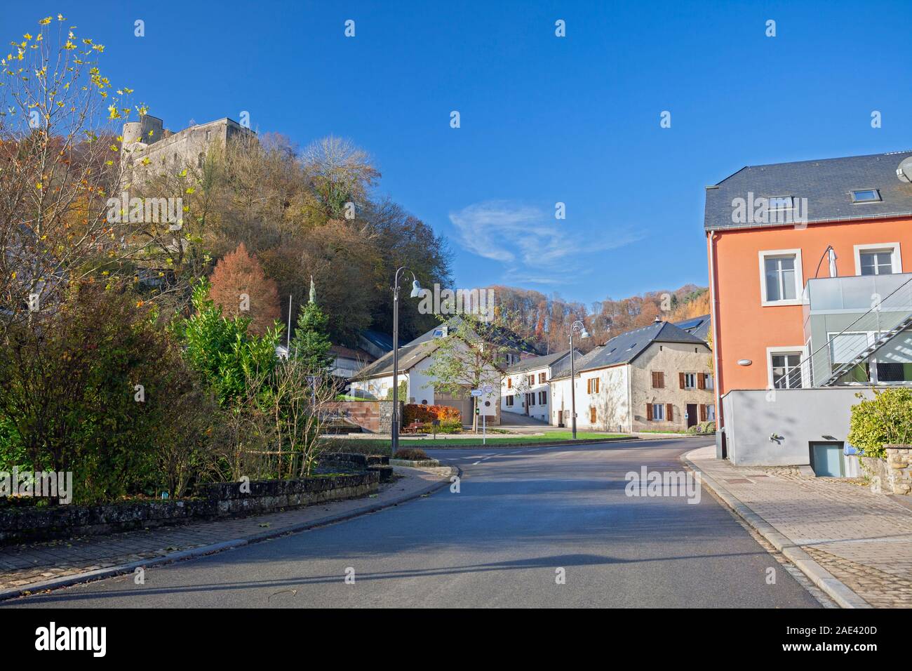 Europe, Luxembourg, Septfontaines, Village Centre with Typical Houses below the castle Stock Photo