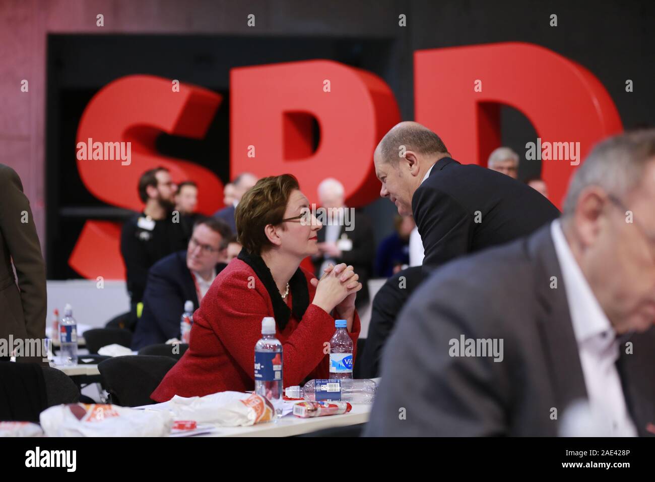 Germany, Berlin, 06/12/2019,  Klara Geywitz and Olaf Scholz at the Party Congress. Ordinary Federal Party Congress of the Social Democratic Party of Germany (SPD) from 6 to 8 December 2019 in the CityCube in Berlin. Saskia Esken and Norbert Walter-Borjans were elected as party leaders at the SPD party congress. Stock Photo
