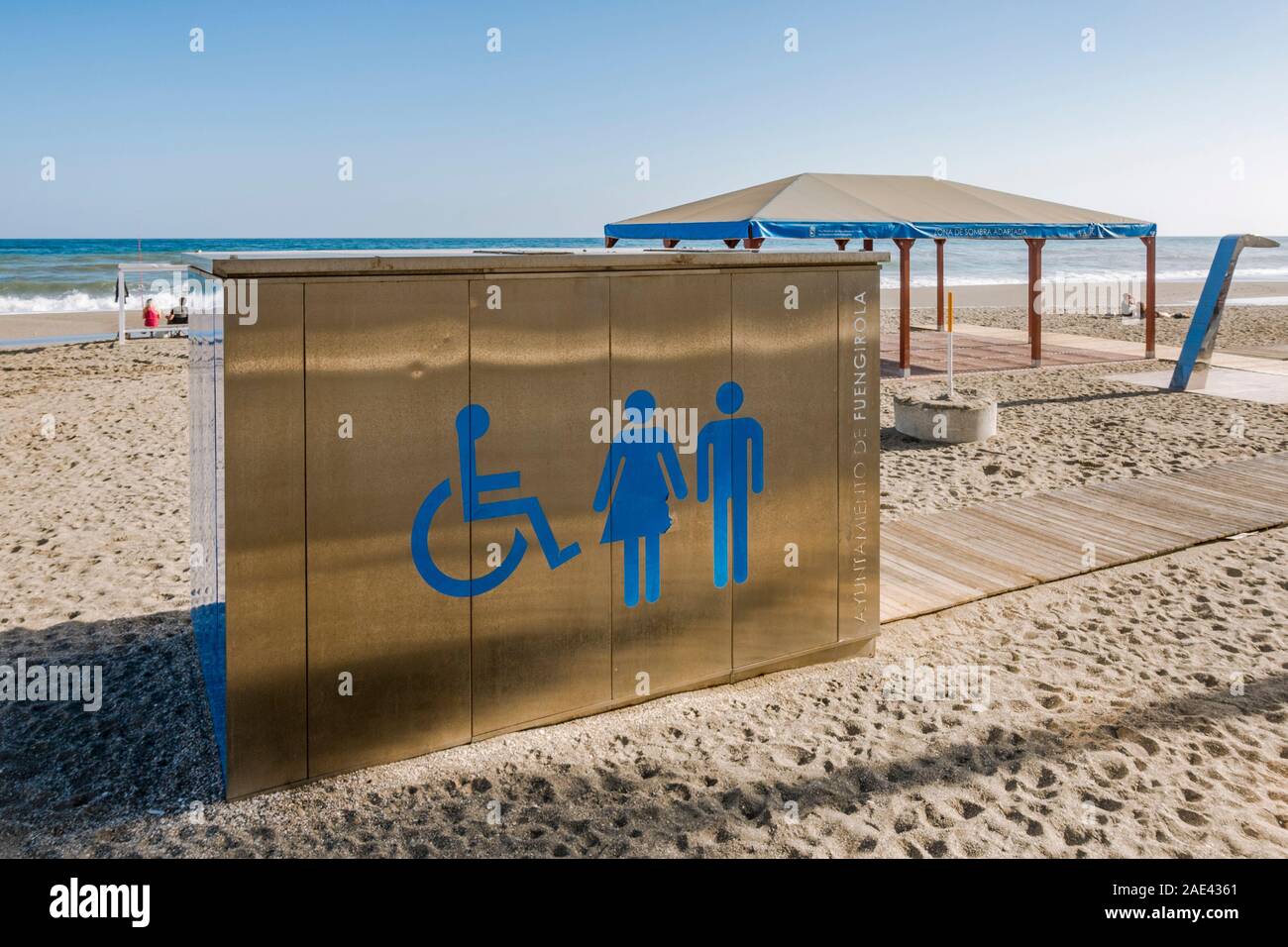 Public toilet cabin on beach, Fuengirola, Costa del Sol, Southern Spain Stock Photo