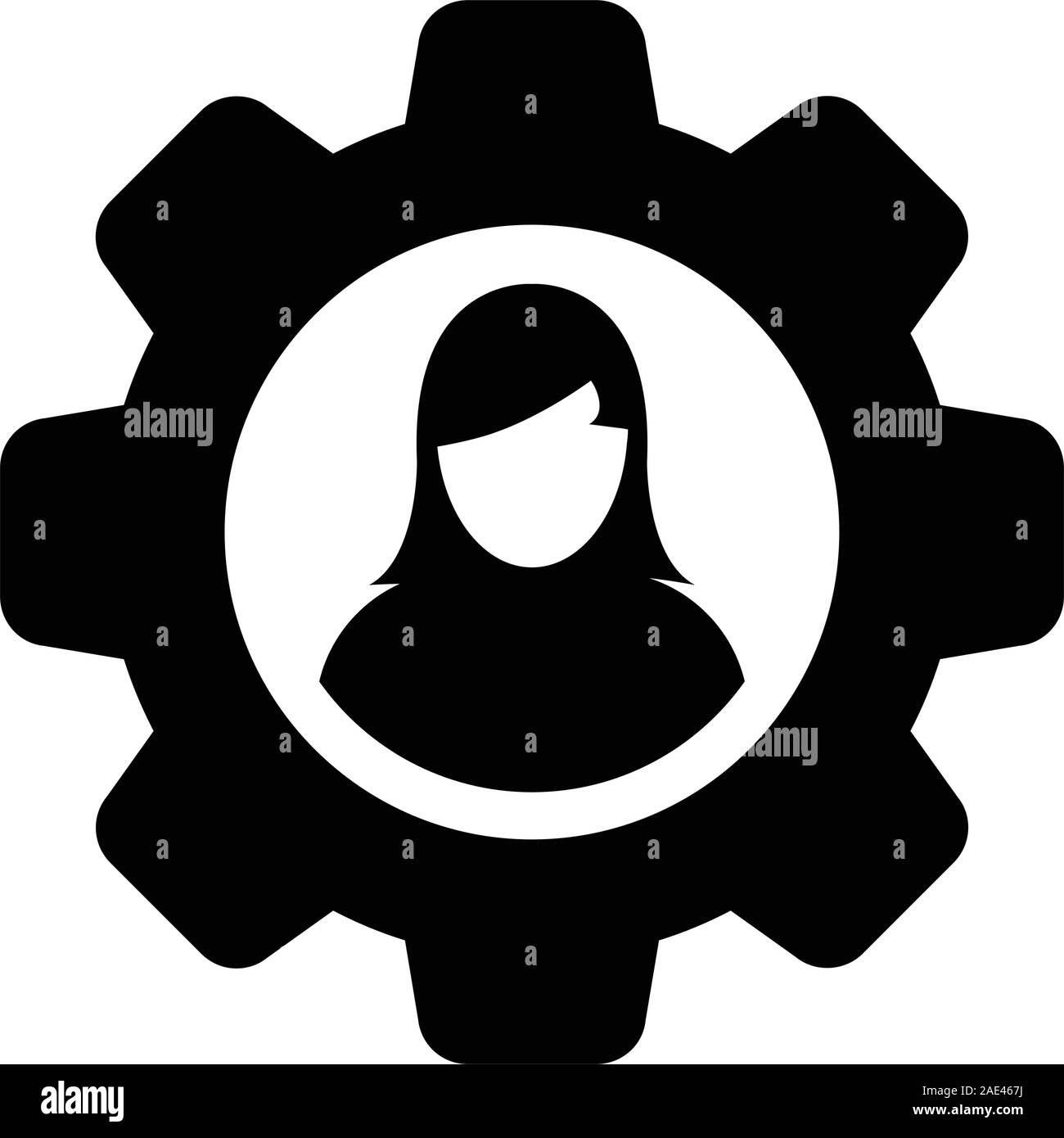 Settings icon vector female user person profile avatar with gear cogwheel for configuration in flat color glyph pictogram illustration Stock Vector