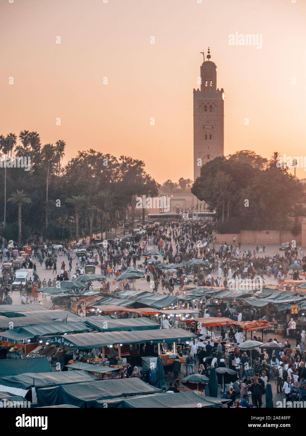 Djemaa el Fna main market place in Marrakech, Morocco while sunset Stock Photo