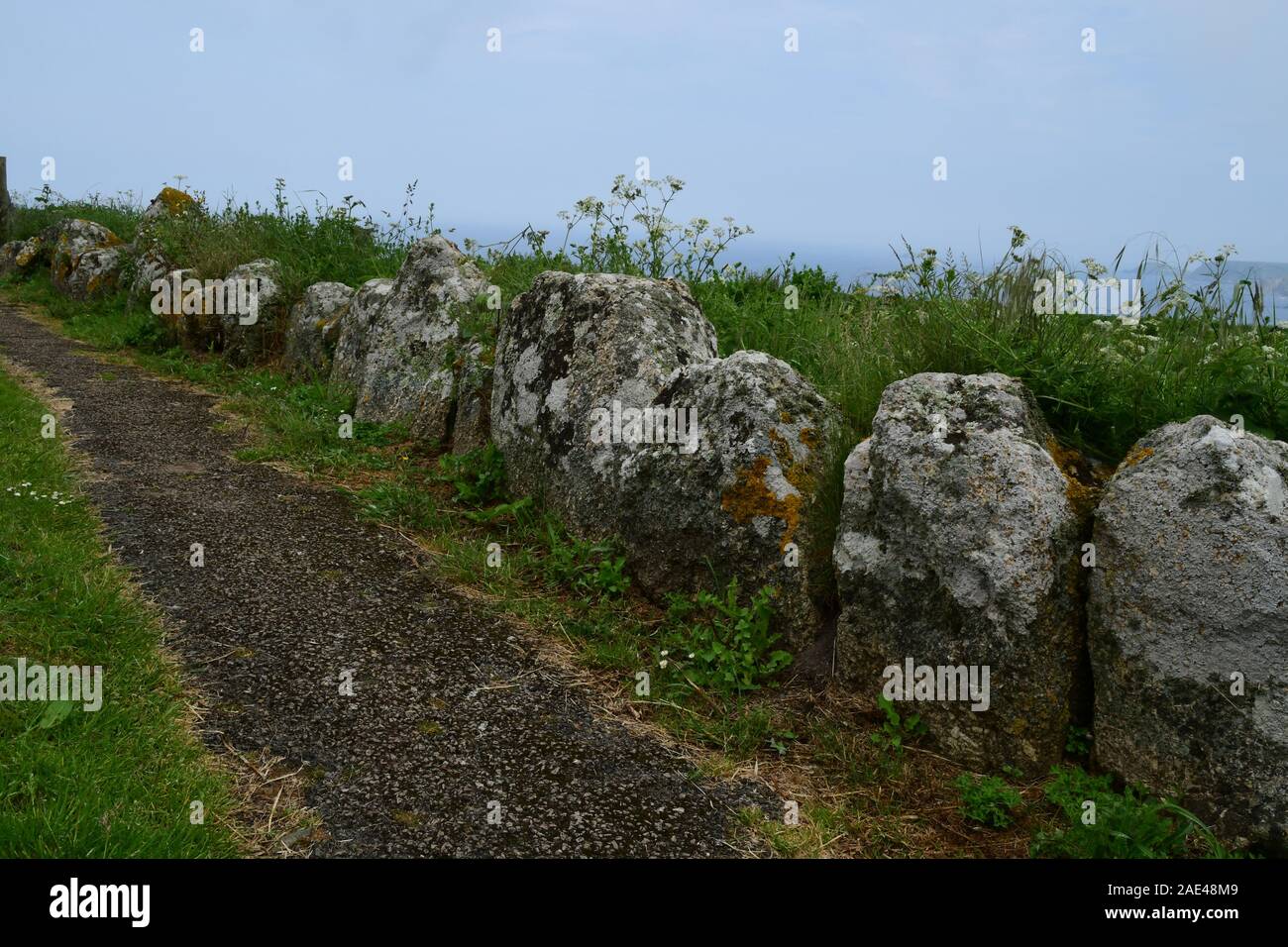 Large Granite stones used to form a wall between field and footpath in Cornwall.,UK Stock Photo