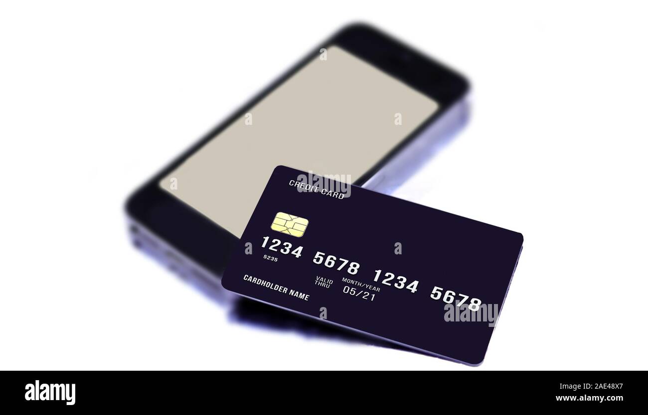 smartphone and international debit card on white background online shop ...