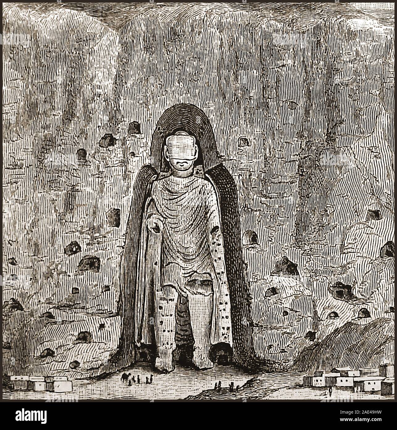 An historic 1888 image of the the former largest Giant standing rock cut figure of Buddha at Bamian  / Bamiyan / Bamyan, Afghanistan. This and the smaller  statue were dynamited and destroyed in March 2001 by the Taliban, because (allegedly)  they were declared as  idols. The face in the picture is blank because the fine features modelled in clay had long since deteriorated. The indentations in the rocks are caves in which hermits once lived. Stock Photo