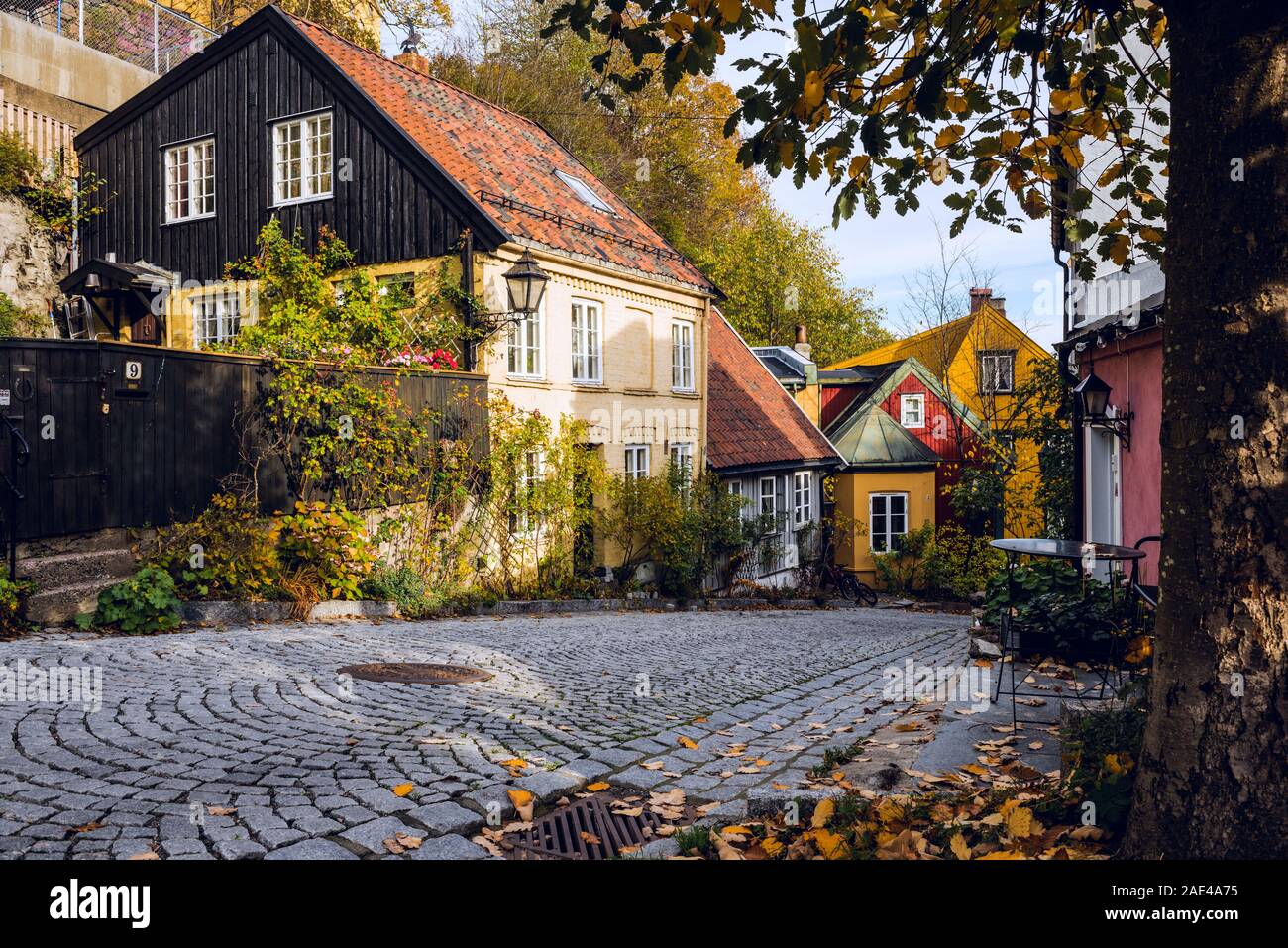 Little street in old Oslo in late autumn, Norway Stock Photo