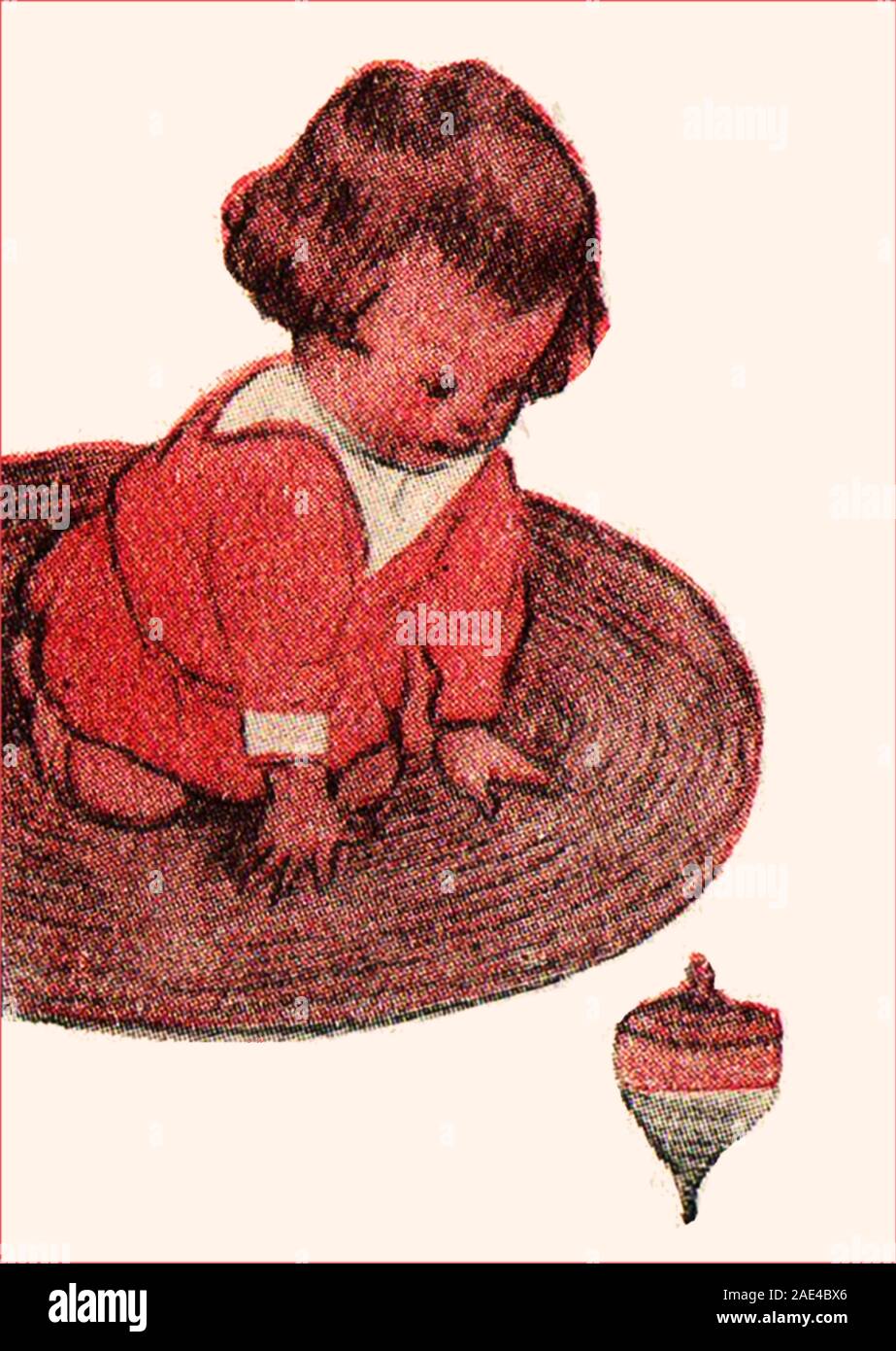 Historic 1920's coloured English children's comic  book illustration. An infant with a spinning top. Stock Photo