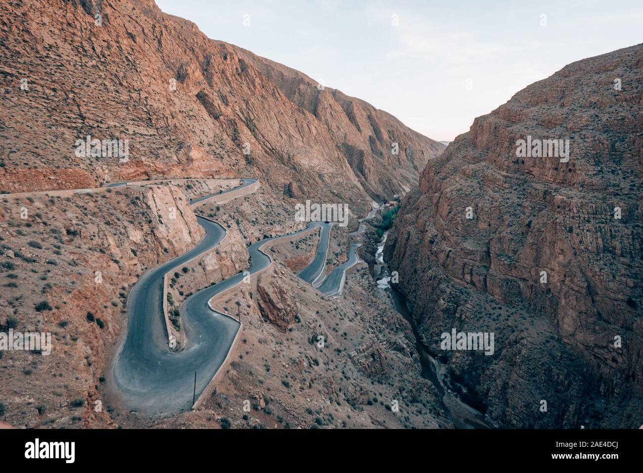 Curvy winding road viewed from the top of Dadas gorge in Morocco Stock Photo