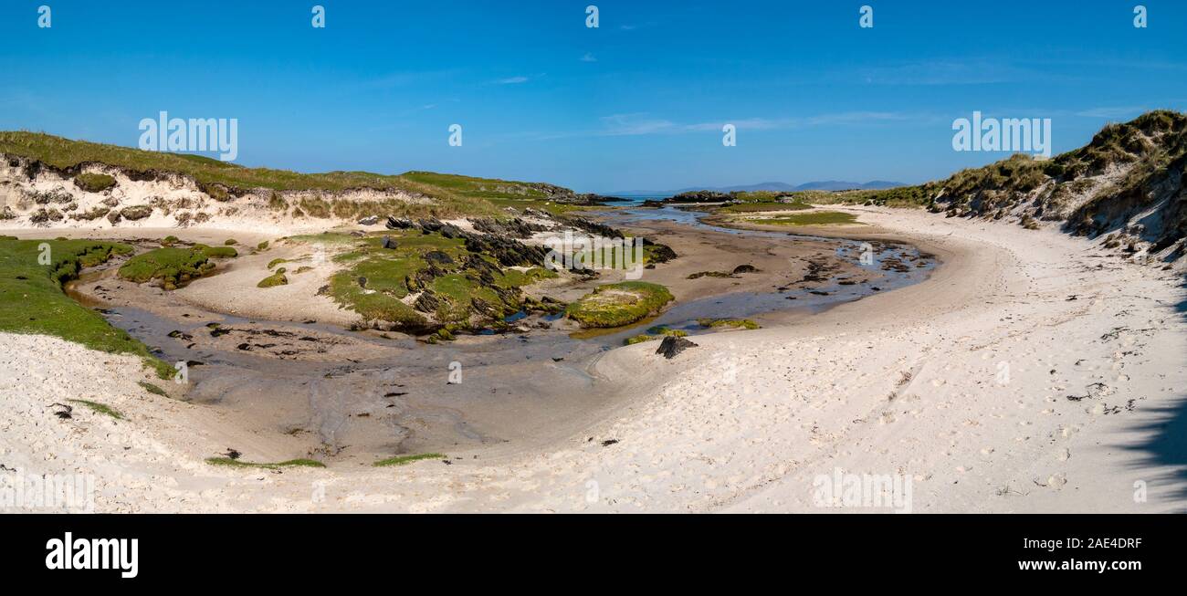 Panoramic view of deserted sandy beach near Balerominmore, Isle of Colonsay, Inner Hebrides, Scotland, UK Stock Photo