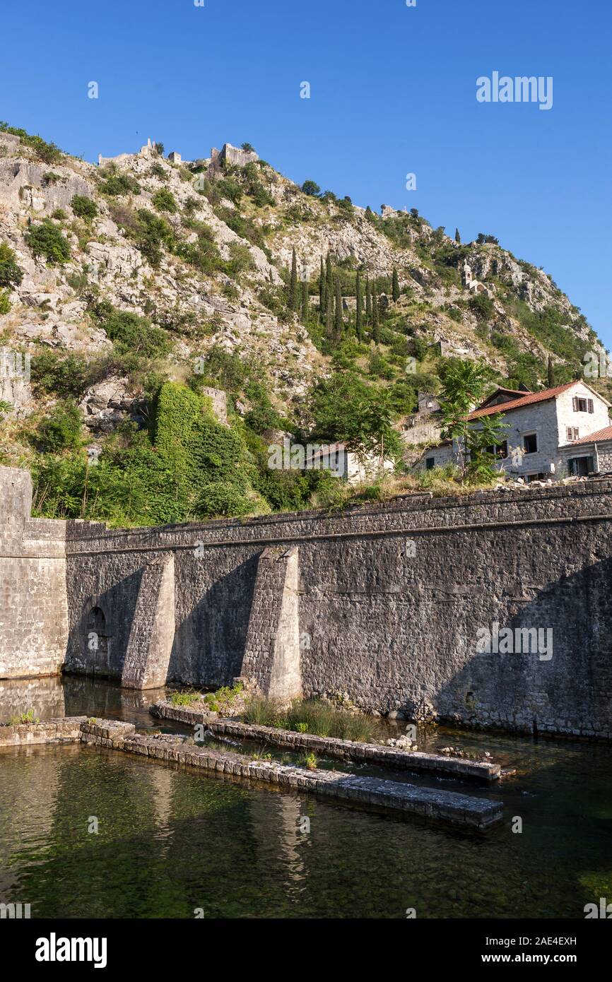 The ramparts surrounding the old town and the Fort of St. Ivan above:  Kotor, Montenegro Stock Photo