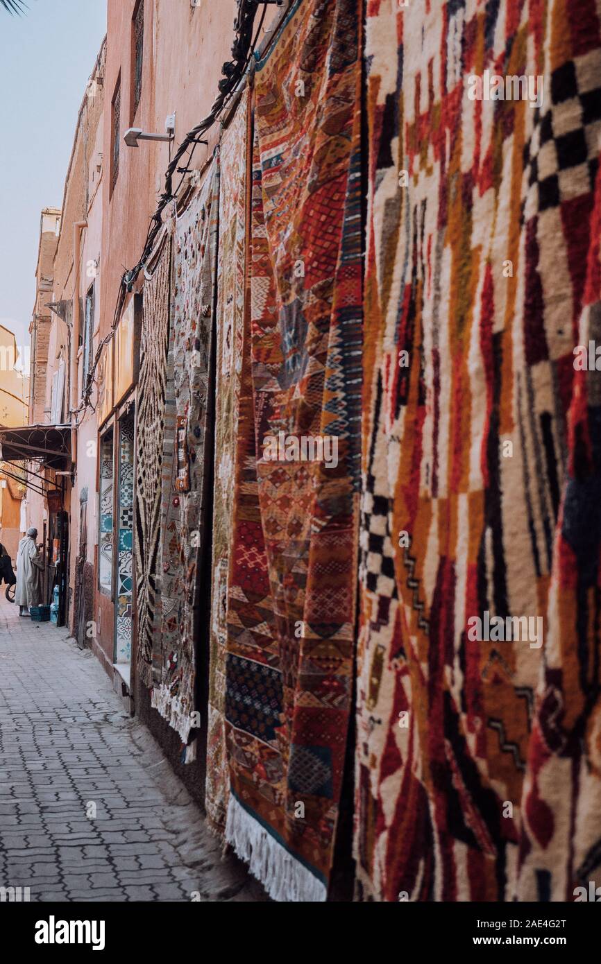 Colorful Stores abd Fabrics in Marrakech, Morocco Stock Photo