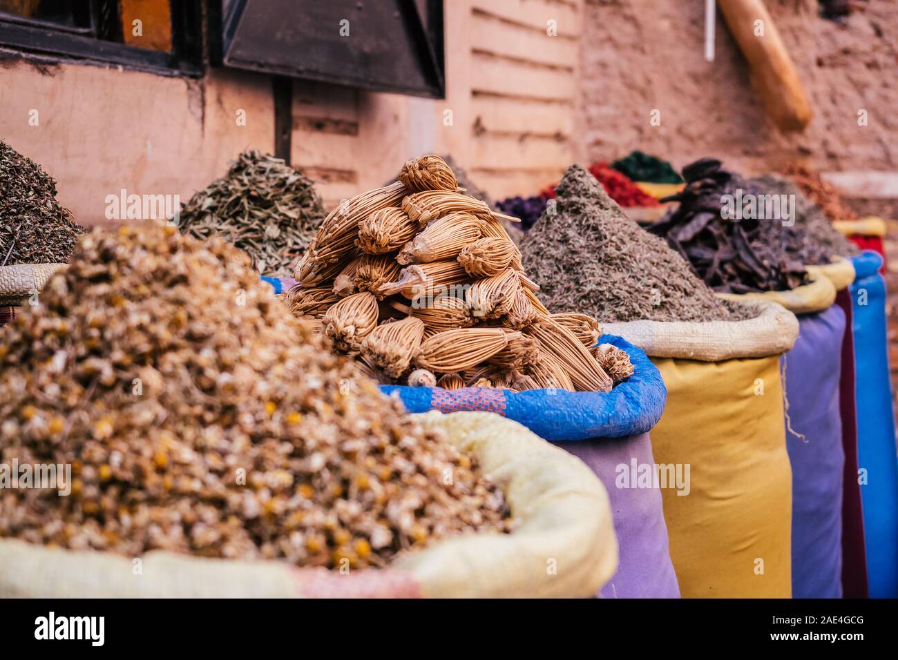 many colorful spices on a street shop in marrakech, morocco Stock Photo