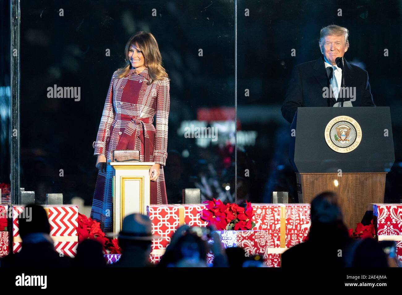 Washington DC, USA. 05 December, 2019. U.S President Donald Trump and First Lady Melania Trump during the 97th annual National Christmas Tree Lighting 2019 ceremony on the Ellipse December 5, 2019 in Washington, D.C. Credit: Andrea Hanks/White House Photo/Alamy Live News Stock Photo