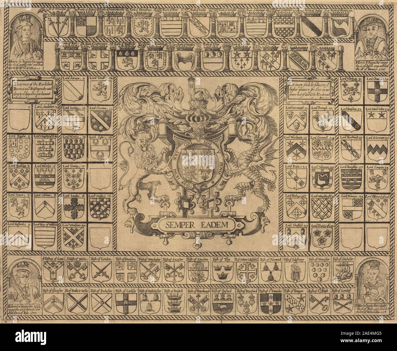 Coats Of Arms With Corner Portraits Of Henry VII, Henry VIII, Edward VI ...