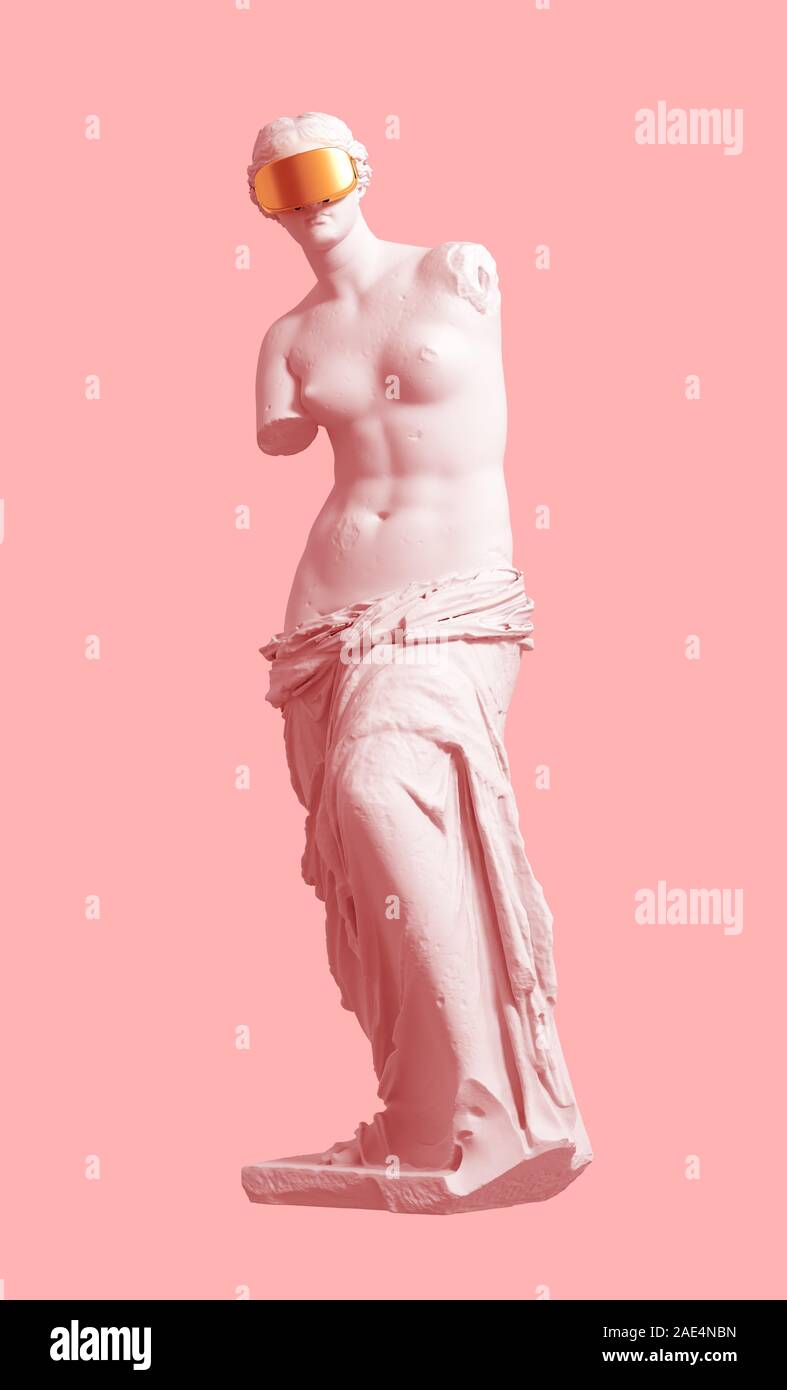 3D Model Aphrodite With Golden Virtual Reality Glasses On Pink Background. Concept Of Art And Virtual Reality. Stock Photo