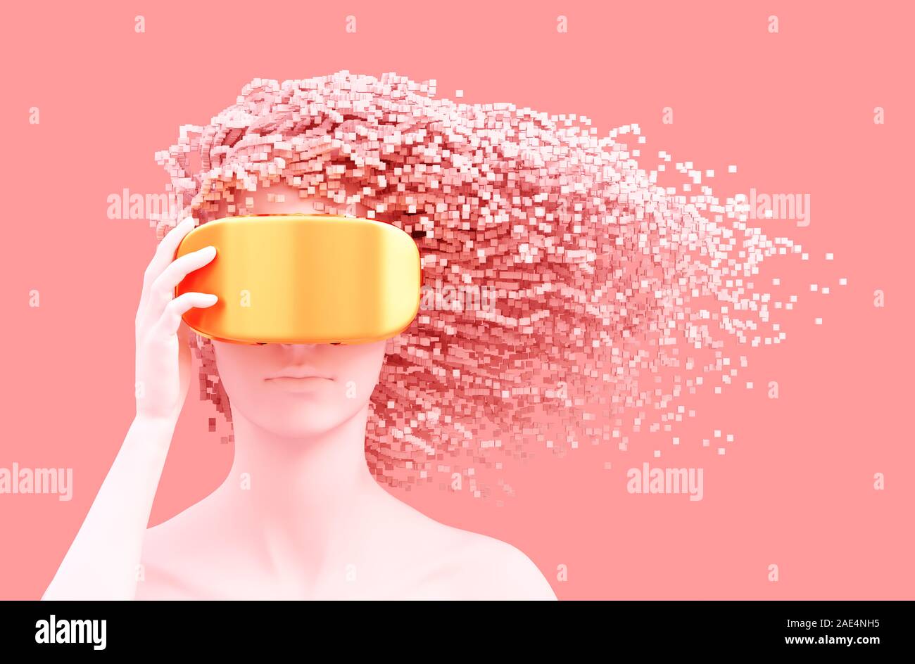 Beautiful Woman Wearing Gold VR Glasses And 3D Pixels As Hair On Pink Background. Virtual Reality Concept. Stock Photo