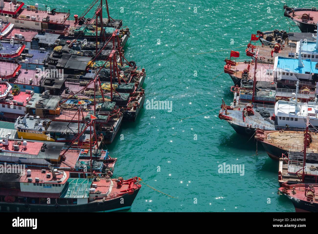 As aerial view of the fishing boats moored in Hong Kong Island's Aberdeen Harbour Stock Photo