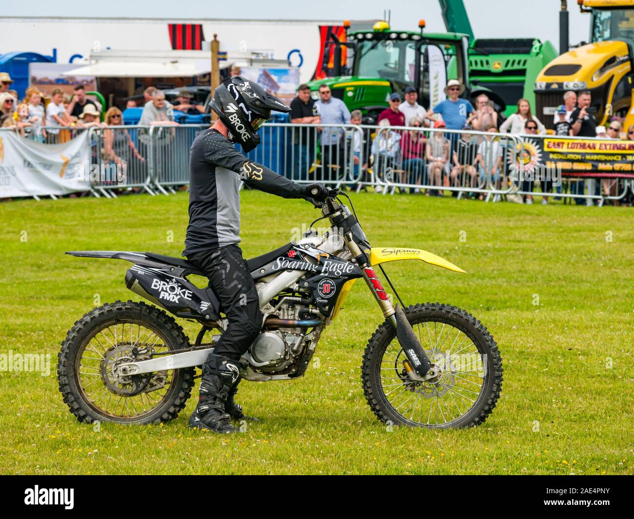 Broke FMX freestyle motocross motorcycle daredevil stunt, Haddington Agricultural Show, East Lothian, Scotland, UK Stock Photo