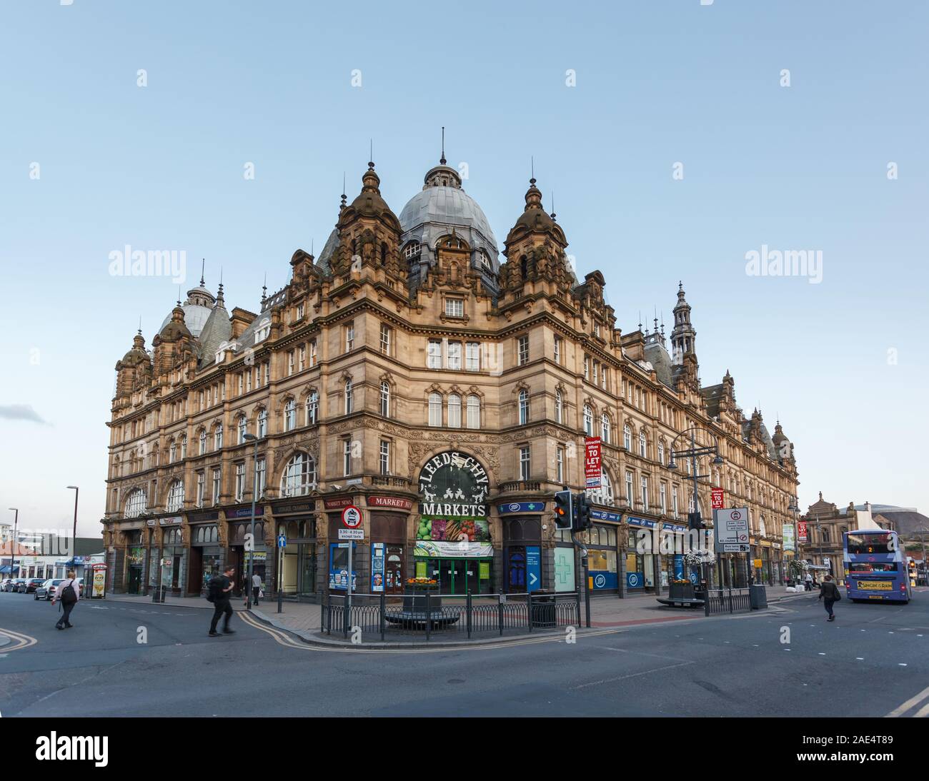 LEEDS, ENGLAND -AUG 06,2014:Leeds city market hall front entrance in the Leeds city centre. Stock Photo