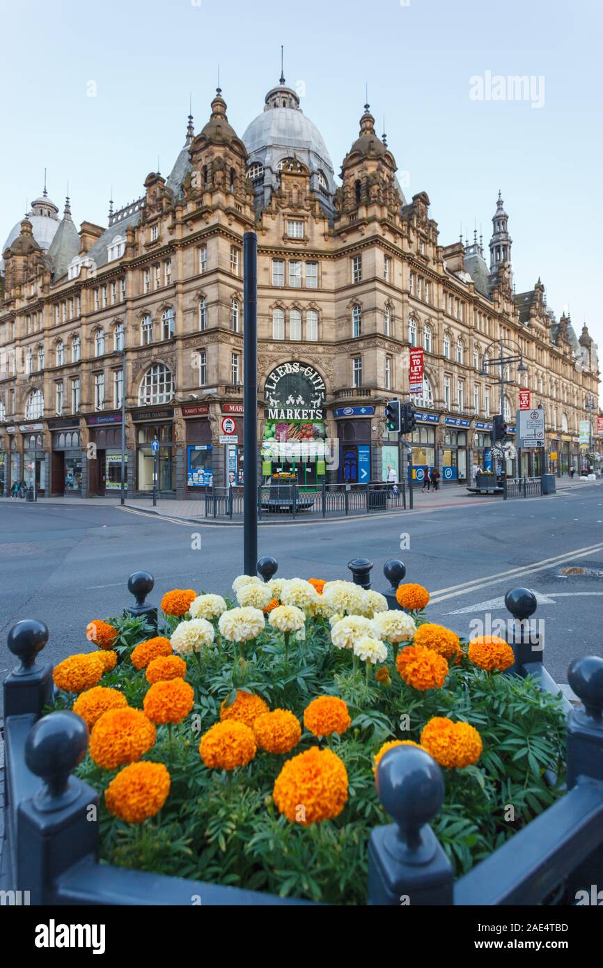LEEDS, ENGLAND -AUG 06,2014:Entrance to Kirkgate Markets ,an  indoor market hall building in Leeds city centre. Stock Photo