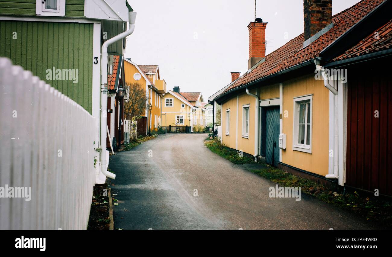 Traditional Swedish houses on a Traditional Swedish town in Sweden Stock Photo