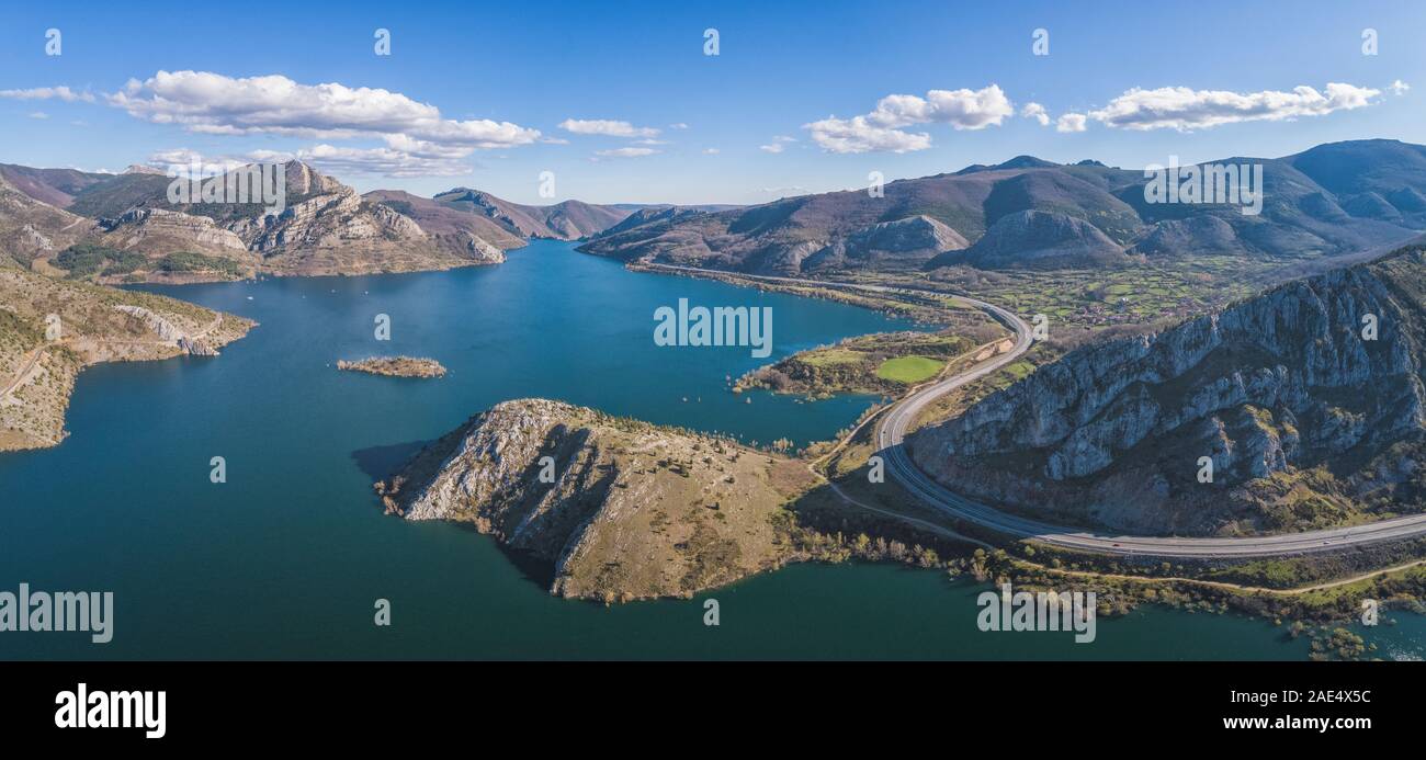 'Barrios De Luna' reservoir from Aerial Drone View. Stock Photo