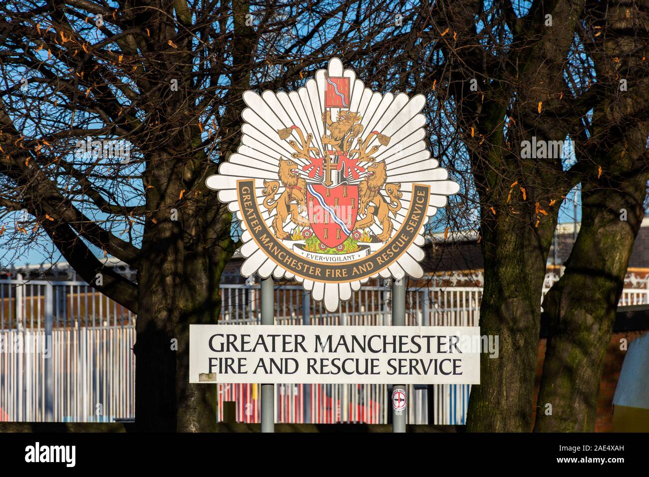 Sign outside the Manchester Central Community Fire Station, Thompson Street, Manchester, England, UK Stock Photo