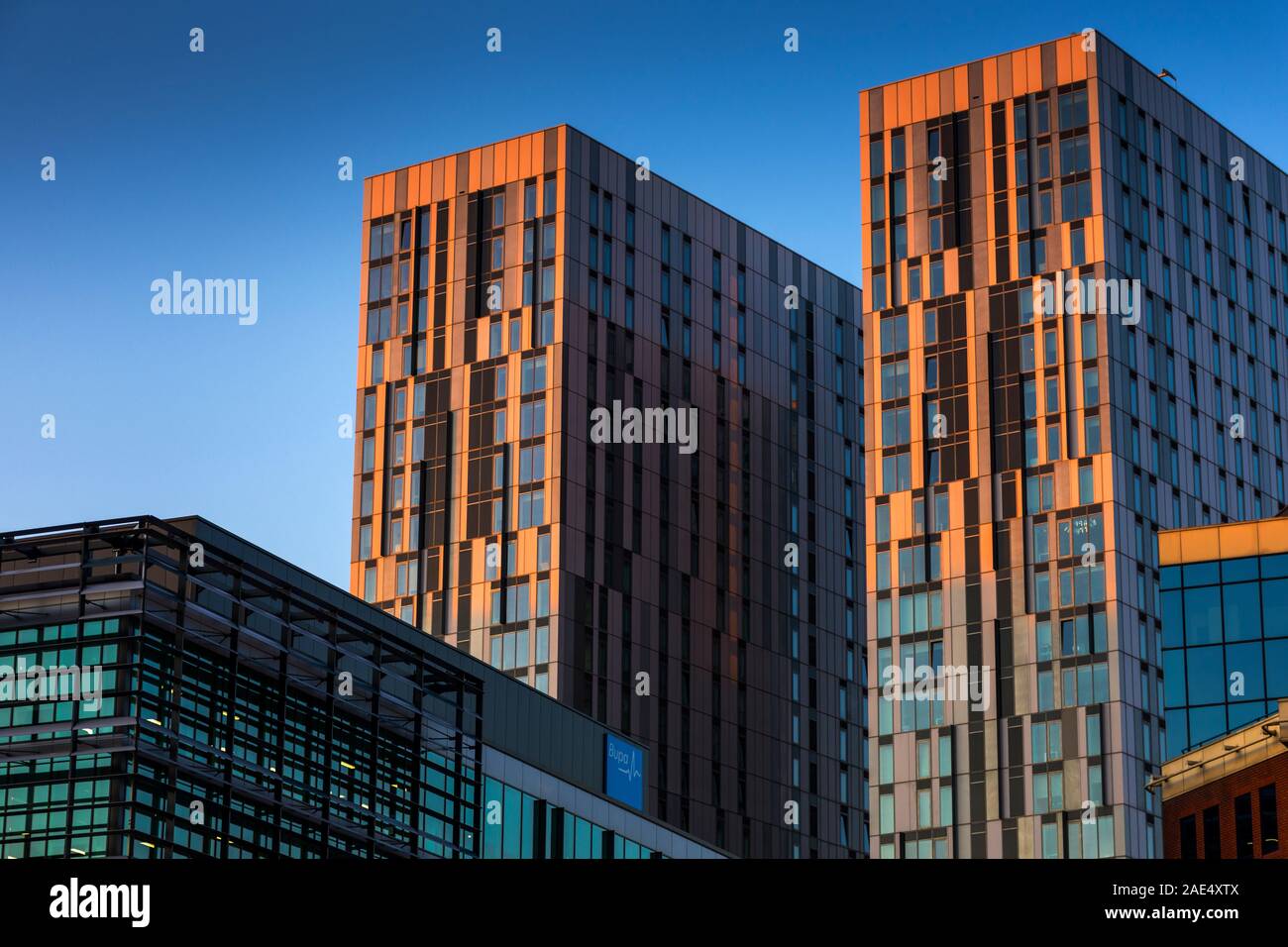 Sun setting on the X1 MediaCity apartments blocks, Salford Quays