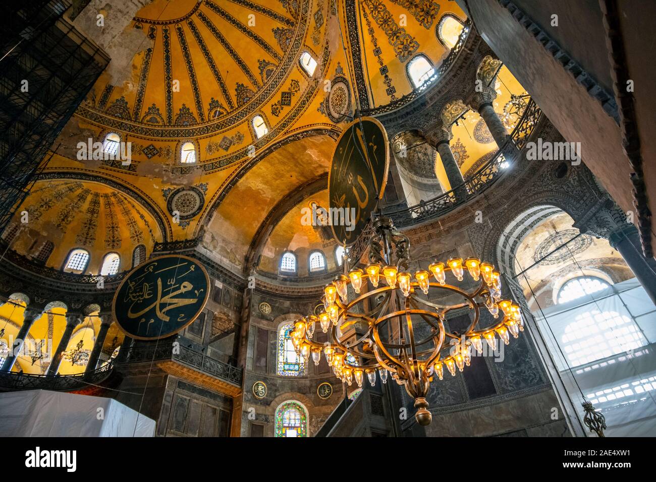 View of the ceiling and upper level of the interior of the Hagia Sophia museum, a former Muslim Mosque, in Istanbul, Turkey. Stock Photo