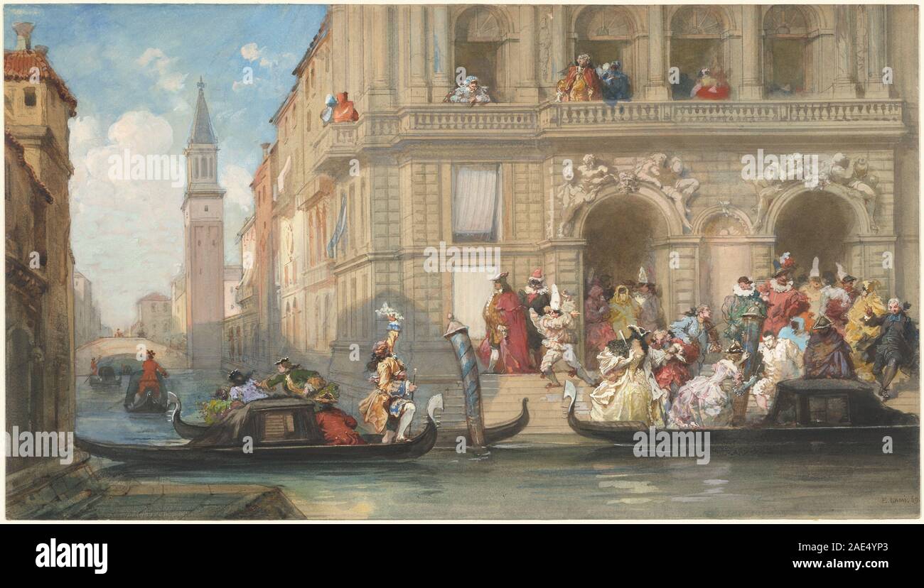 Masqueraders Boarding Gondolas before a Venetian Palazzo; 1869date Eugène Louis Lami, Masqueraders Boarding Gondolas before a Venetian Palazzo, 1869 Stock Photo