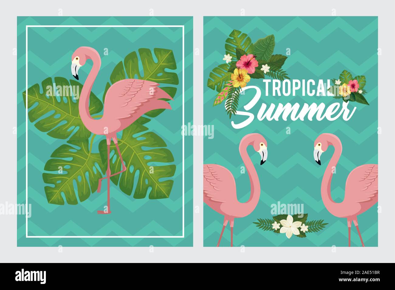 set scenes of tropical summer poster with flamingos and flowers Stock ...