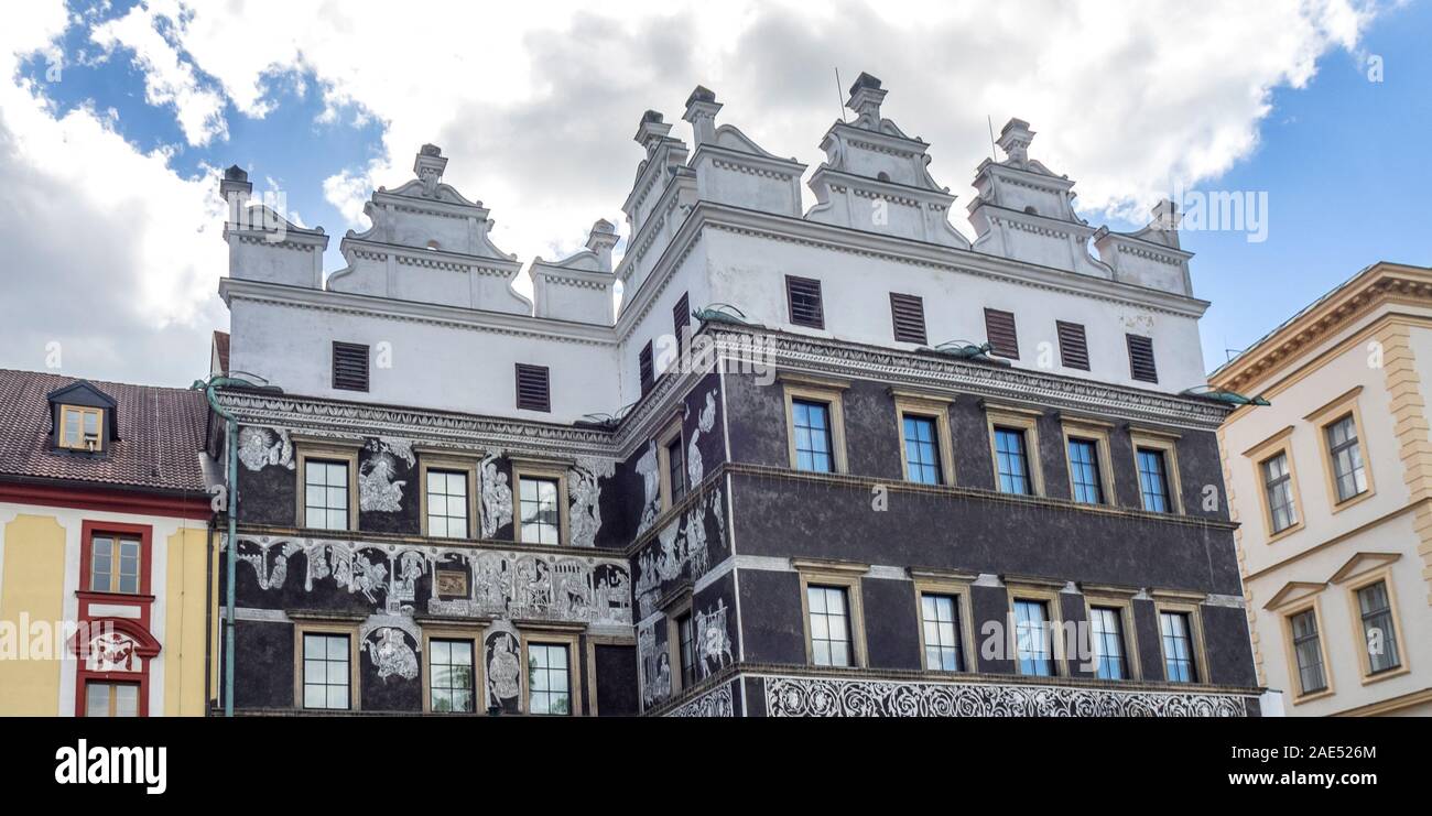 Ornate decorative sgraffito on facade of historic building House At The Black Eagle now a hotel Litomerice Ústí nad Labem Region Czech Republic. Stock Photo