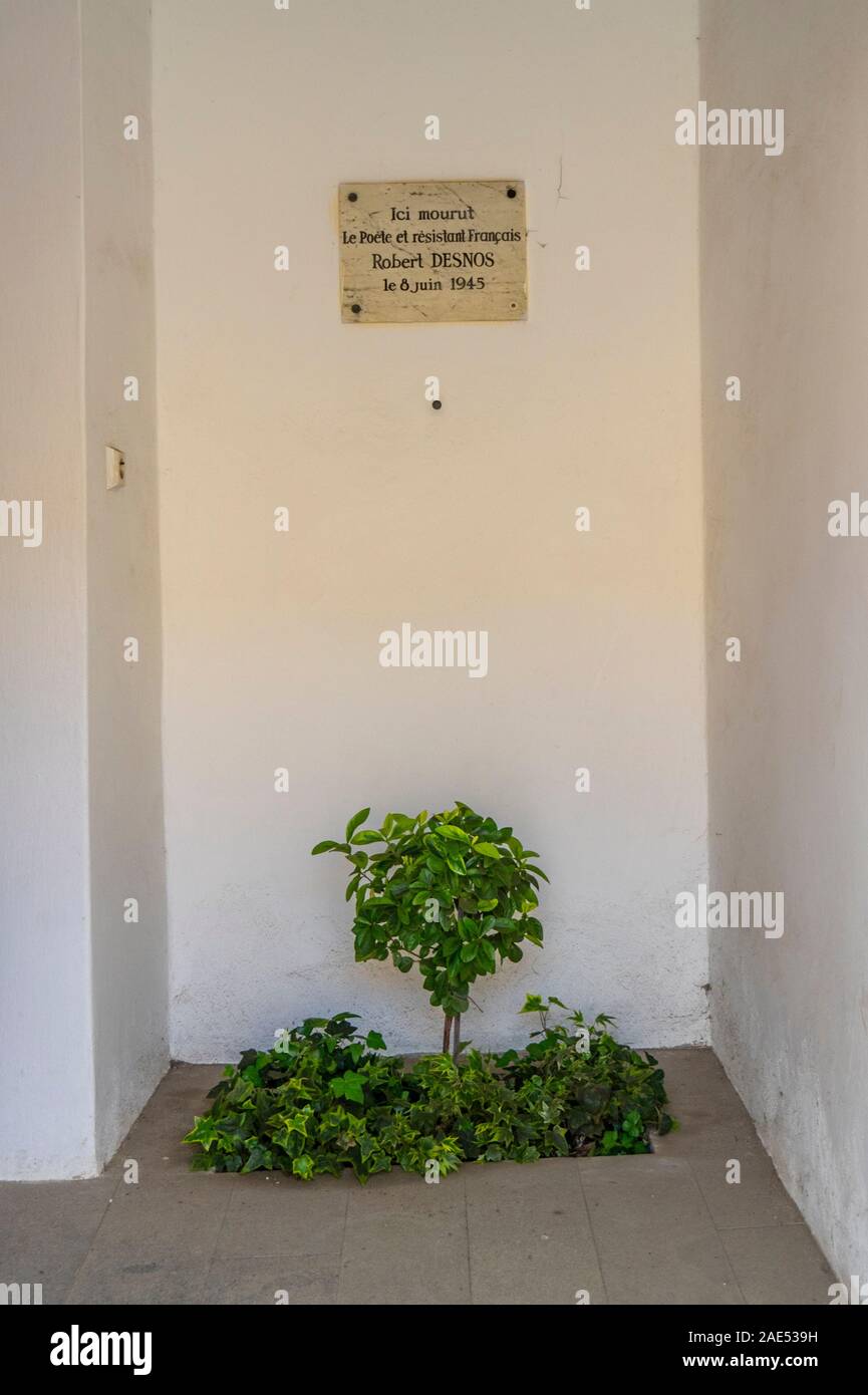 Memorial to French Poet Robert Desnos who died in Theresienstadt Malá pevnost small fortress Nazi concentration camp Terezin Czech Republic. Stock Photo