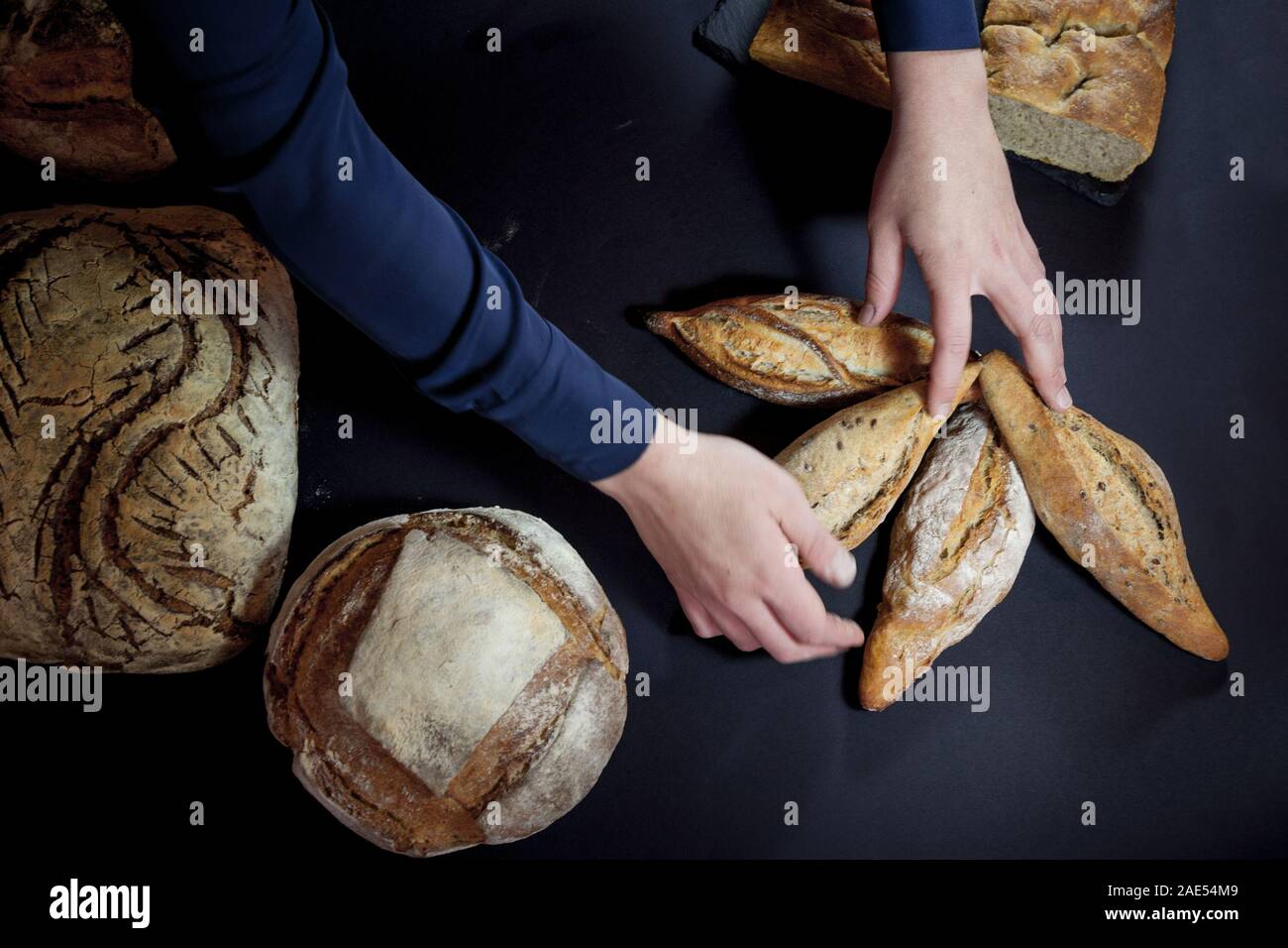 Various French breads, such as baguette, petits pains & loafs of sourdough, pain de campagne, some being held by female hands of a a baker. These brea Stock Photo