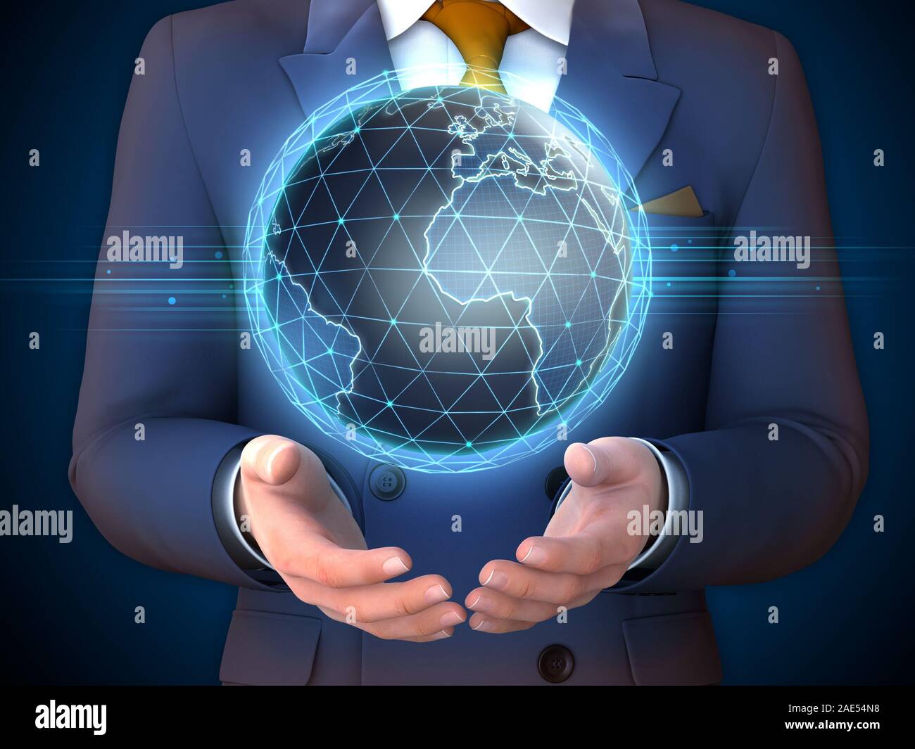 Businessman with an Earth globe floating over his hands. 3D ...