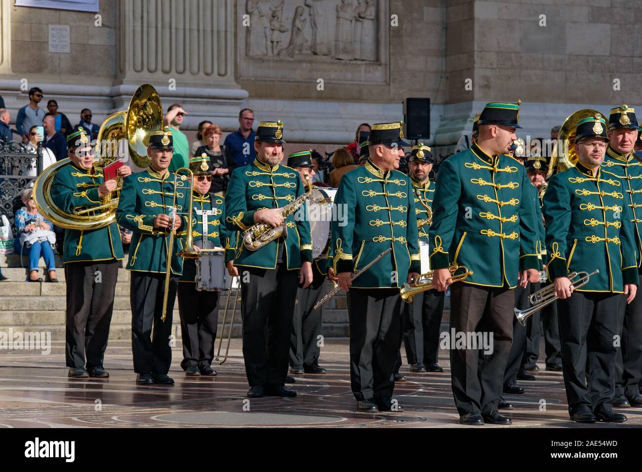 Music performance by Hungarian military band in front of St. Stephen's Basilica in Budapest, Hungary Stock Photo