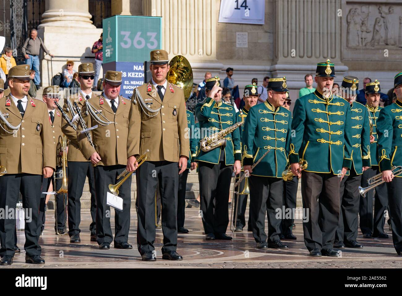 Music performance by Hungarian military band in front of St. Stephen's Basilica in Budapest, Hungary Stock Photo