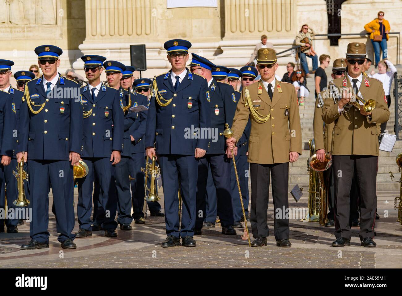 Music performance by Hungarian military band in front of St. Stephen's Basilica in Budapest, Hungary Stock Photo