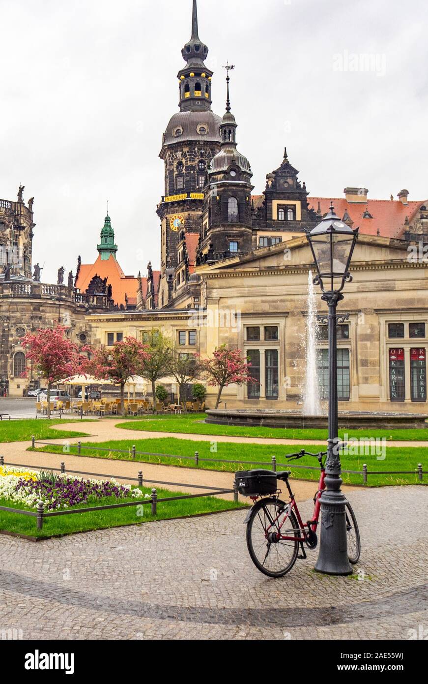 Bicycle chained to a lamppost in Theaterplatz  Dresden Saxony Germany. Stock Photo