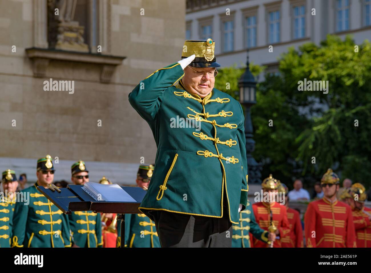 Music performance by Hungarian military band in front of St. Stephen's Basilica in Budapest, Hungary Stock Photo